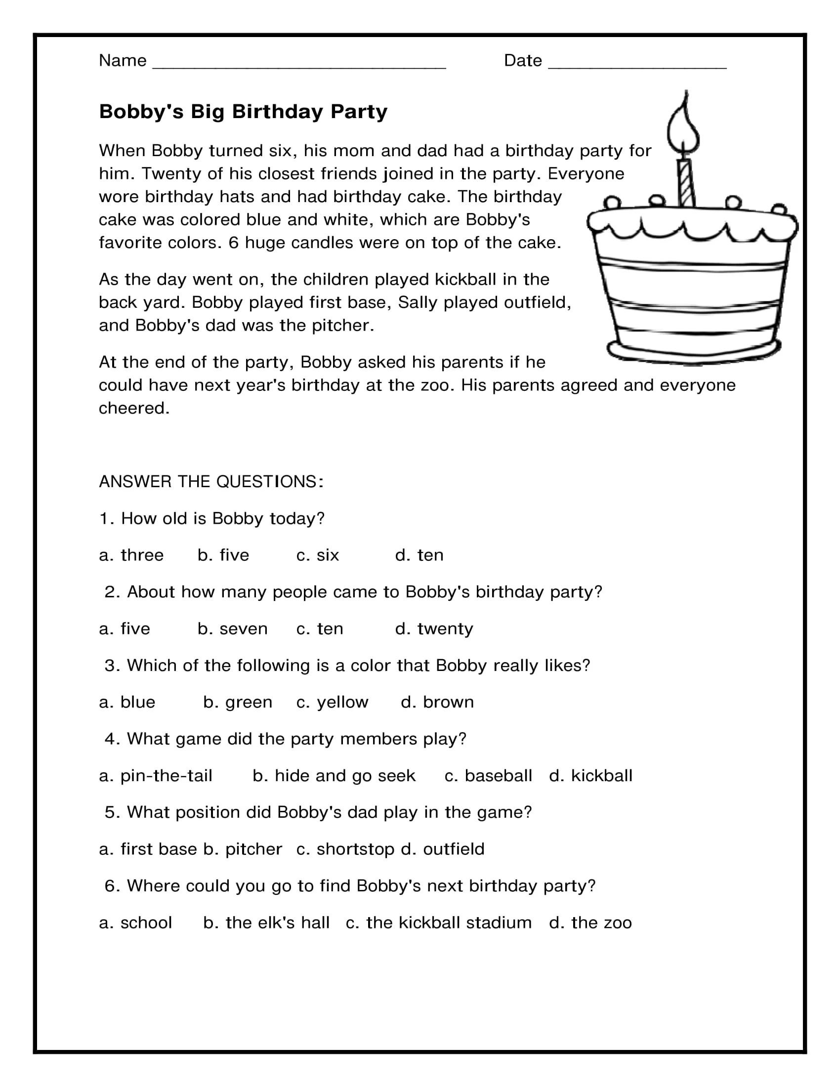 Birthday Party Reading Worksheets 1st Grade