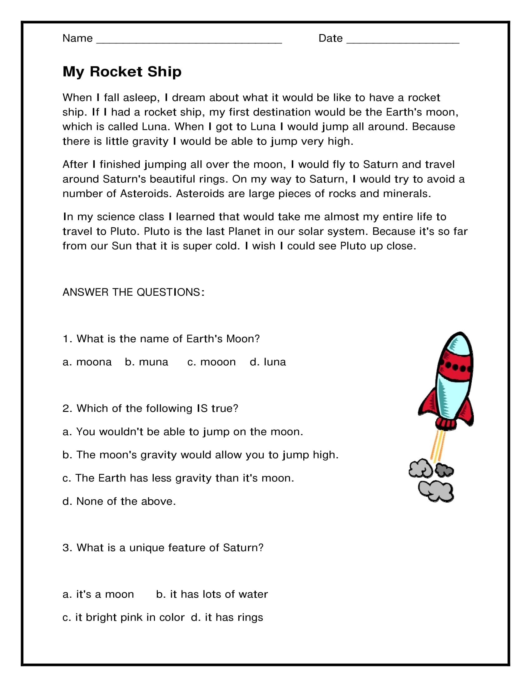 My Rocket Ship Reading Worksheets for 1st Grade 1