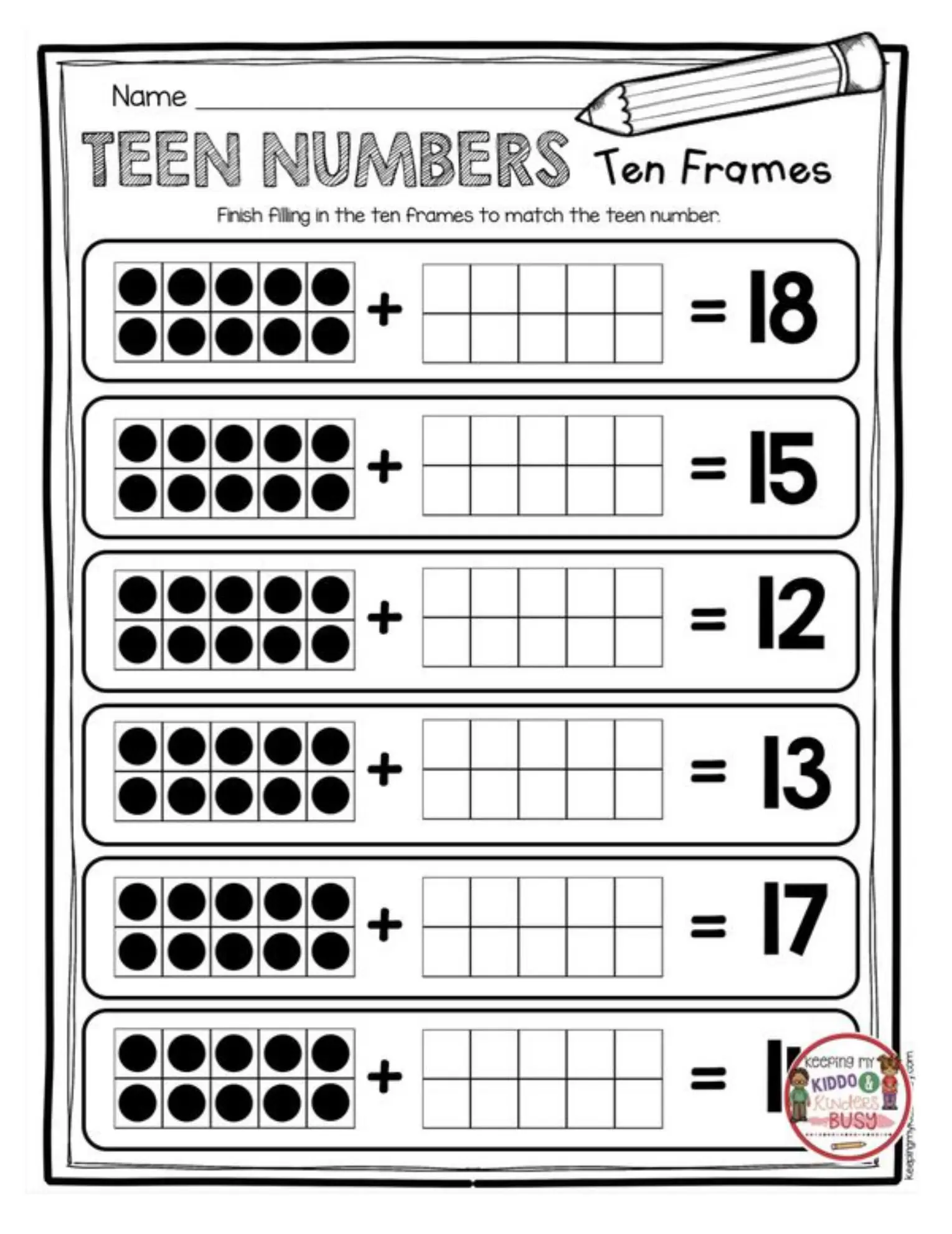 Teen Numbers Math Worksheet for 1st Grade