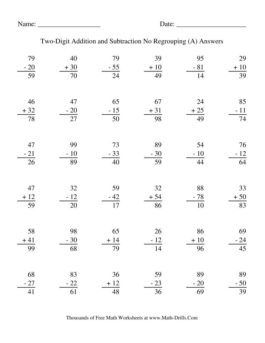 2 Digit Addition And Subtraction Without Regrouping Worksheets 