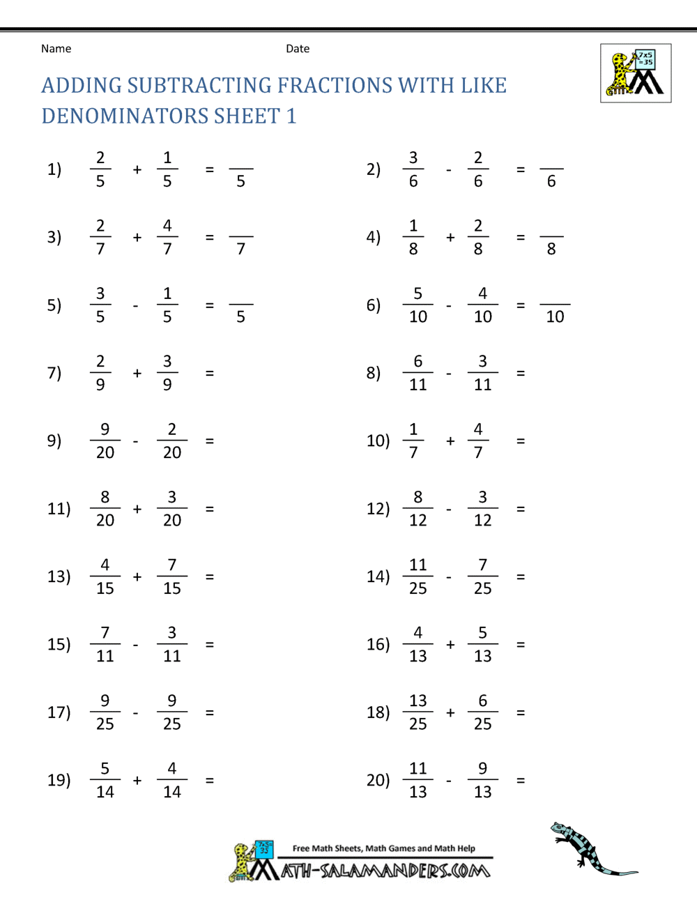 Addition And Subtraction Of Fractions With Like Denominators Worksheets 