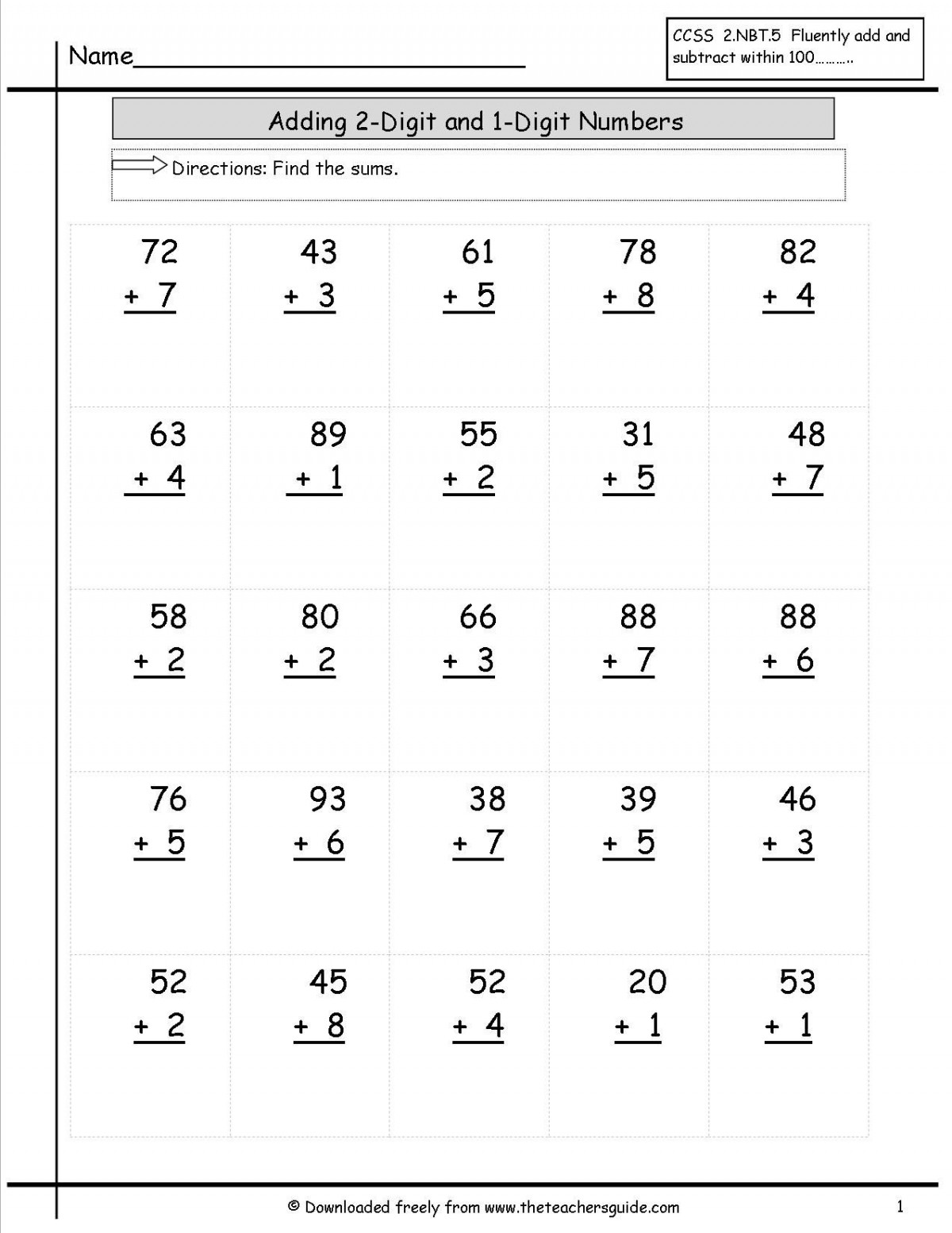 Adding 2 Single Digit Numbers Worksheets
