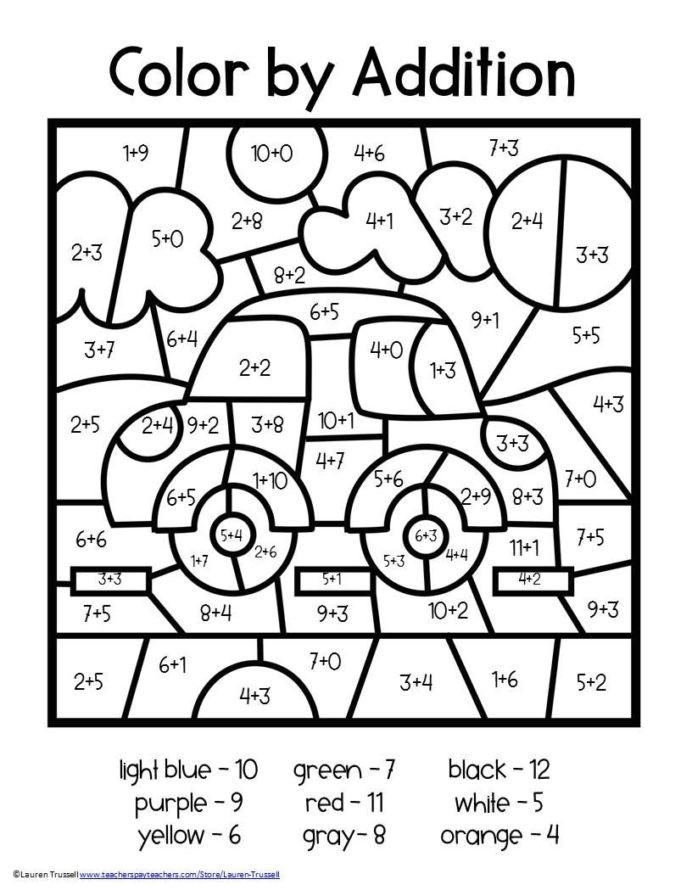 Addition Color By Number Kids Math Worksheets St Grade Nd Year