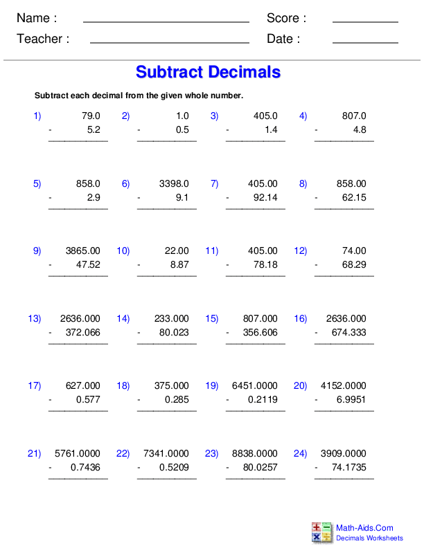 Decimals Worksheets