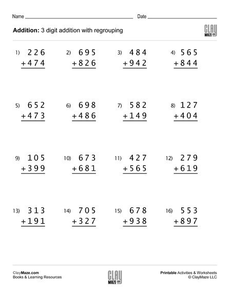 Digit Addition Worksheet With Regrouping Set   Childrens