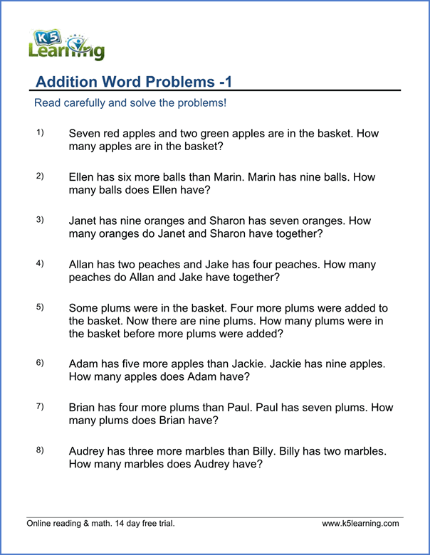 Grade  Word Problems Worksheet