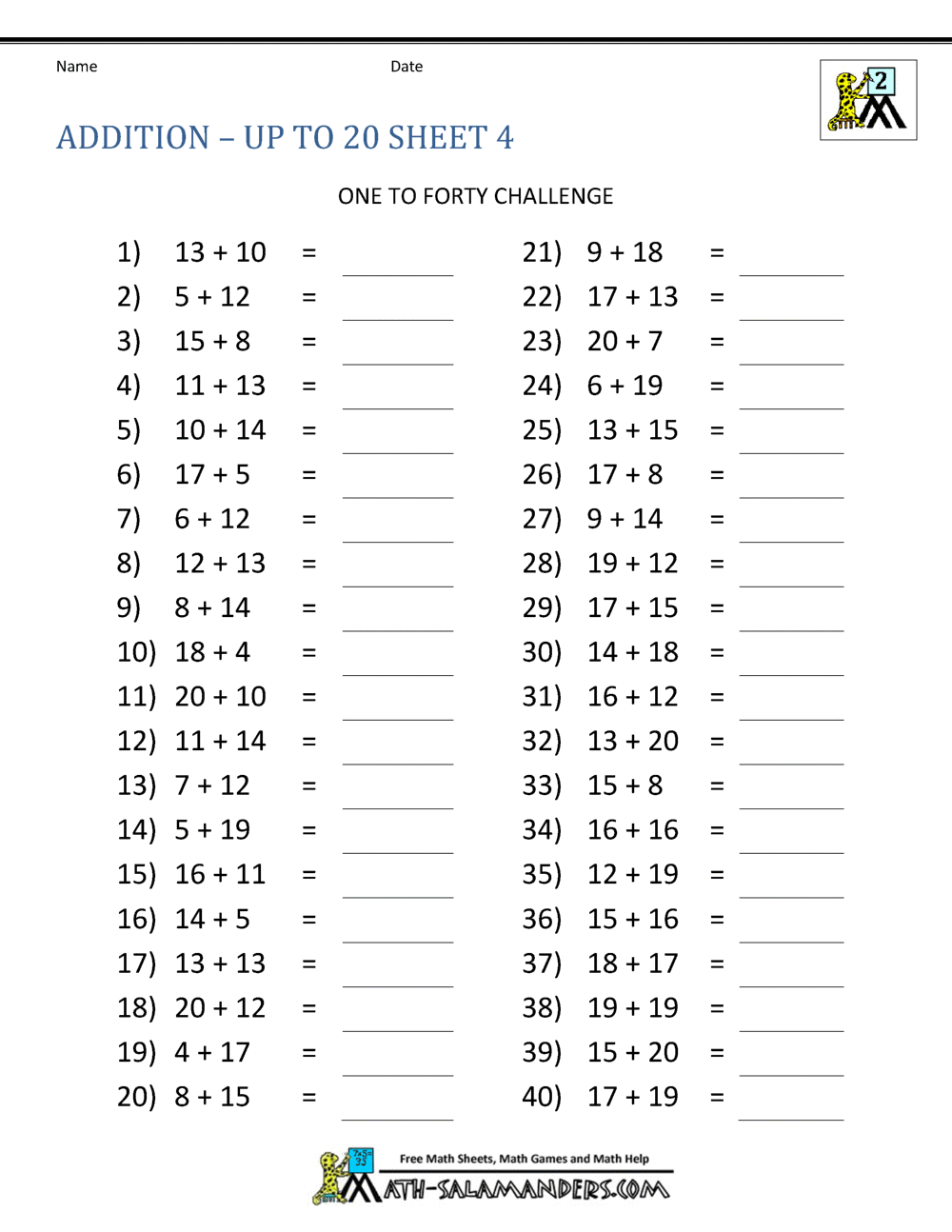 Free Printable Fast Math Addition Worksheets