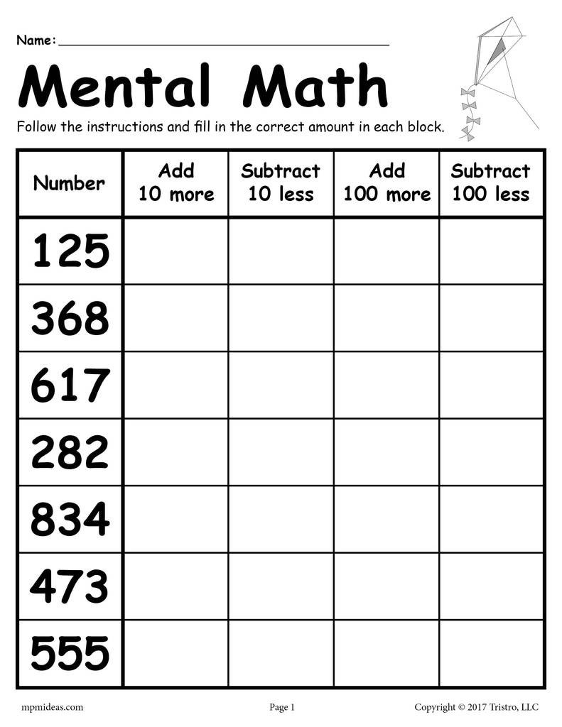 Mental Math Addition   Subtraction Worksheet  Supplyme
