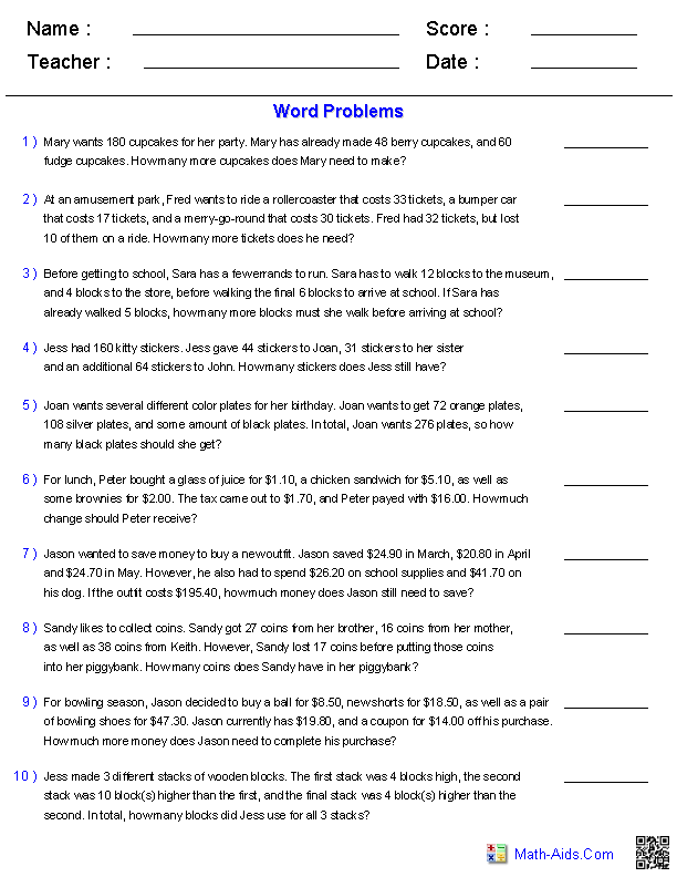 Multiple Step Math Word Problems Worksheets