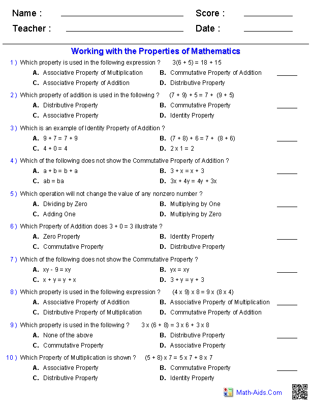 Properties Of Addition And Multiplication Worksheet Pdf