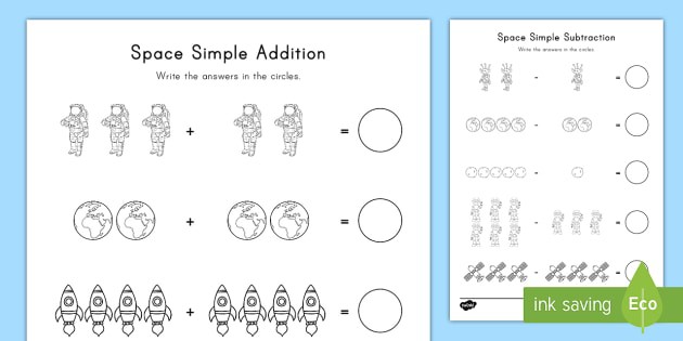 Simple Addition And Subtraction Space Worksheets