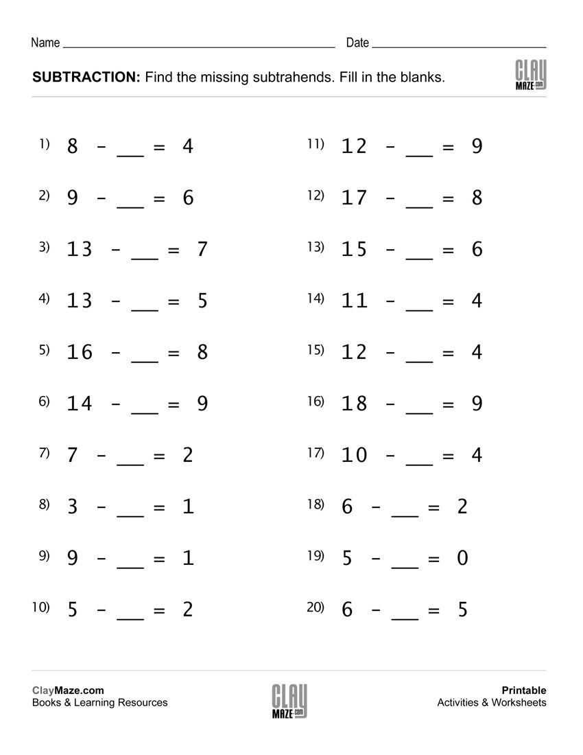 Subtraction Worksheet  Fill In The Blanks Subtraction Facts Set