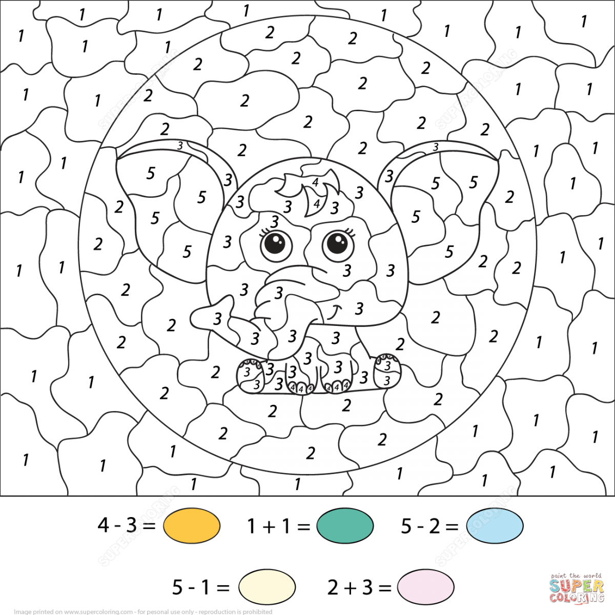 Subtration And Addition A Cute Cartoon Elephant Color By Number