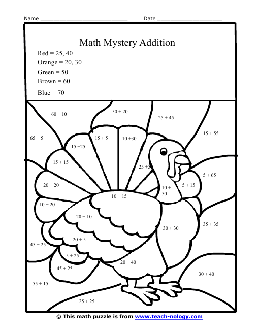 Free Printable Thanksgiving Addition Worksheets