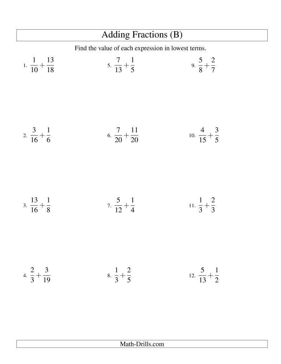 Free Printable Worksheets Adding Fractions With Unlike Denominators