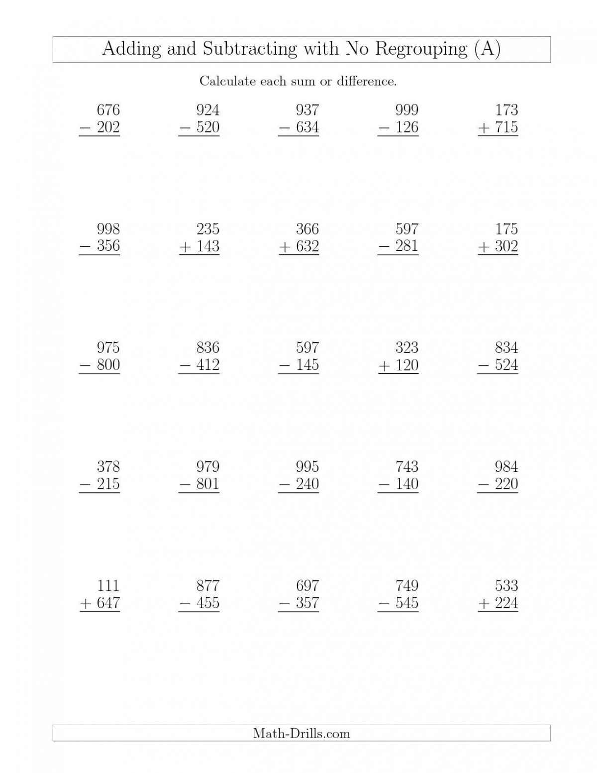 Mixed Addition And Subtraction Without Regrouping Worksheets