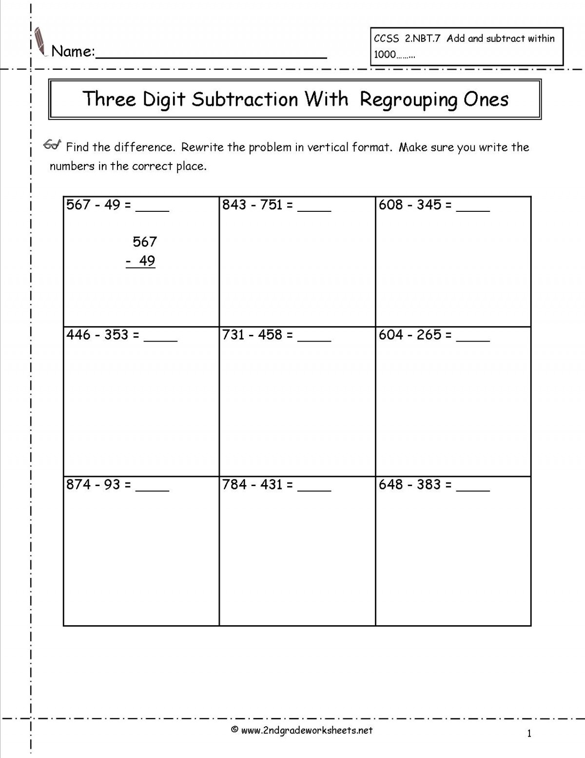 Three Digit Subtraction Worksheets