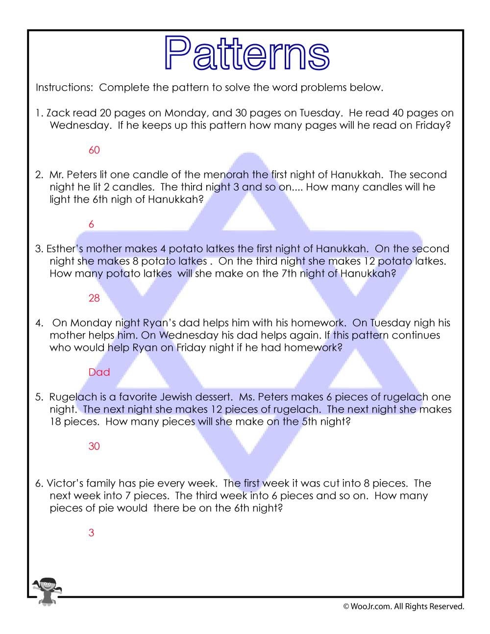 Word Problem Patterns Worksheet For Hanukkah