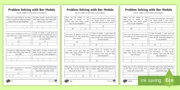 Year  Maths Problem Solving With Bar Models Homework Differentiated
