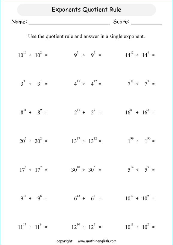 Exponent Rules Practice Worksheets